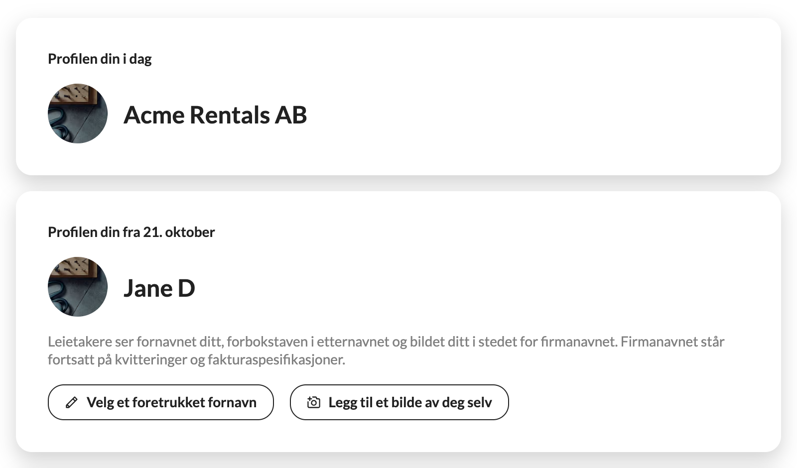 Profilsiden din med to kort: «Profilen din i dag» viser bedriftsnavnet, «Profilen din fra 21. oktober» viser fornavn, første bokstav i etternavnet og et bilde.